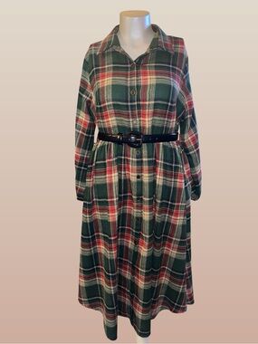 BloomChic Green Plaid Button-Front Long Sleeve Dress with Navy Blue Belt